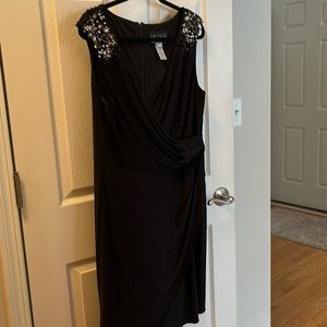 Alex Evening black jersey dress with beaded shoulders.